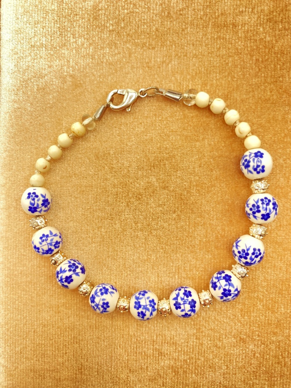 Blue & White Floral Ceramic Bead Bracelet Handmade Painted Vintage Style Cream